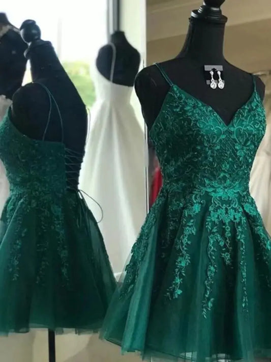 Hunter Green Prom Dresses Lace Applique Beaded Spaghetti Strap A Line Short Mini Formal Party Graduation Evening Gowns