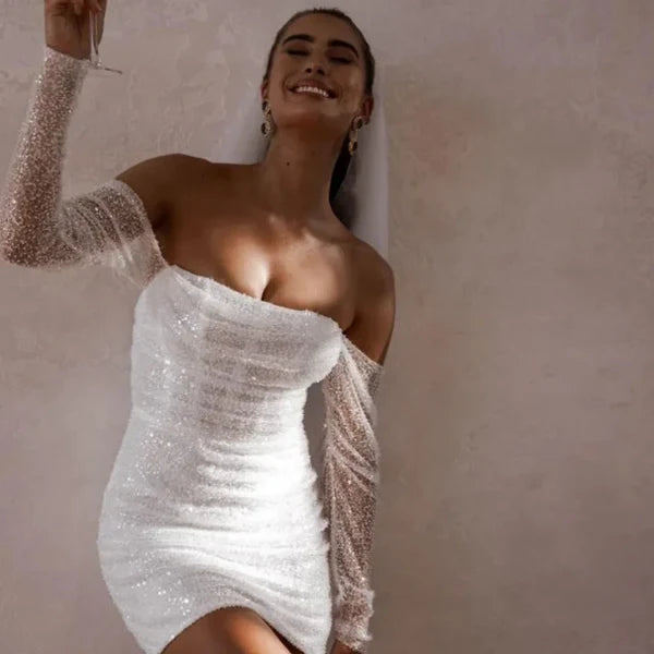 Vestidos de fiesta de boda de sirena cortos con purpurina, vestido de Birde con cuello barco después de la boda, vestidos de noche nupciales de manga larga