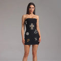 Summer Luxury Diamonds Cross Strapless Sheath Black Bandage Mini Dress Fashion Woman Party Dress Music Festival Outfit