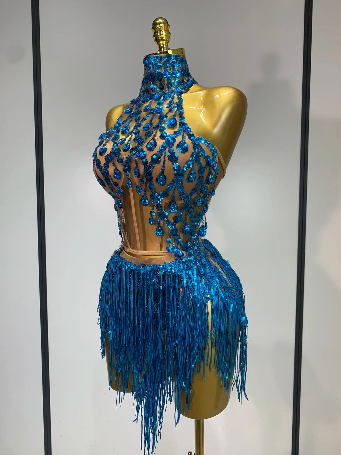 Women Sexy Shinning Rhinestone Tassels Two Pieces Set Nightclub Evening Party Birthday Bar Dancer Performance Stage Costume Blue