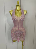 Sexy Sparkly Rhinestones Halter Backless Mesh Velour Short Dress Women Evening Prom Celebrate Birthday Party Stage Wear Pink