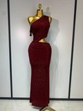 Women Sexy One Shoulder Exposed Waist Diamonds Bodycon Long Dress Cut Out Luxury Crystal Dresses Evening Party Birthday Gowns Red