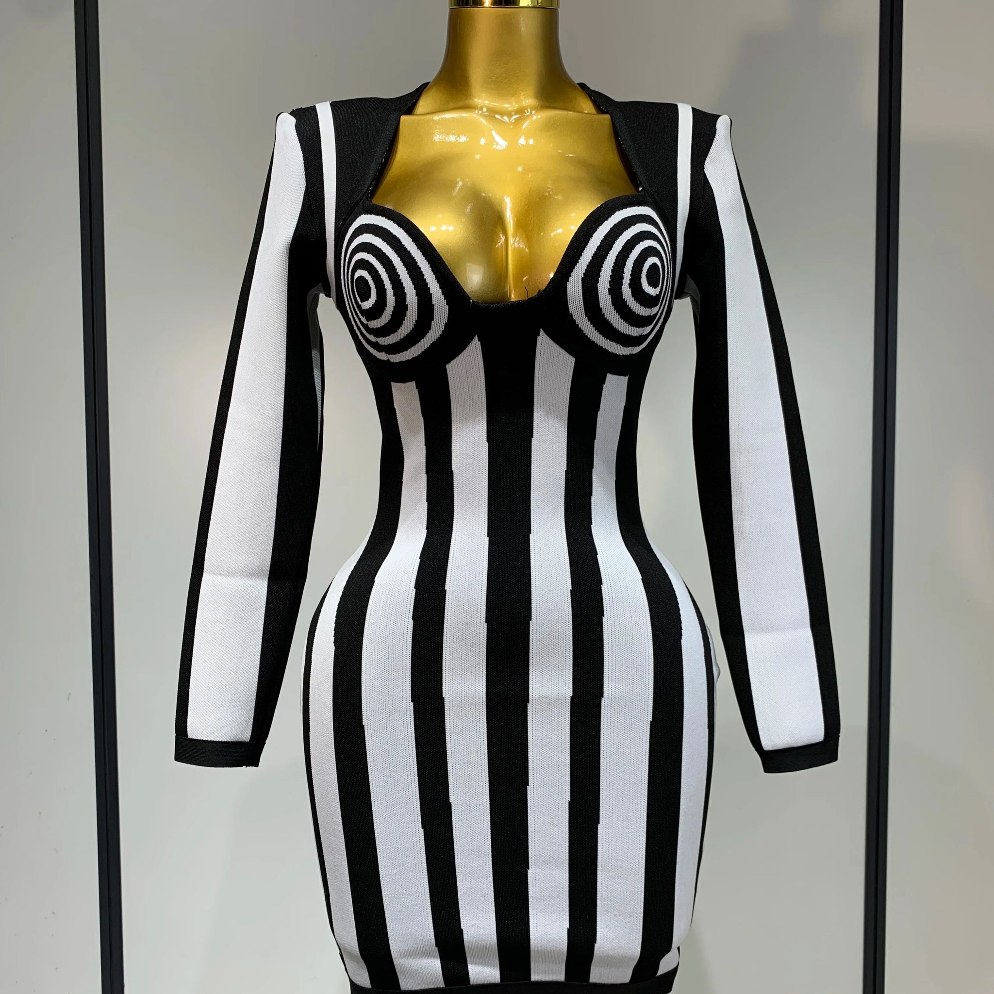 WomenLuxury Sexy Long Sleeve Stripe Black White Mini Bandage Dress Knitted Celebrity Elegant Evening Club Birthday Dresses black