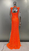 Orange Sequins Bead Tassel Hollow Out High Slit Floor Lenght Dress Woman Birthday Party Dress Stage Performance Cos