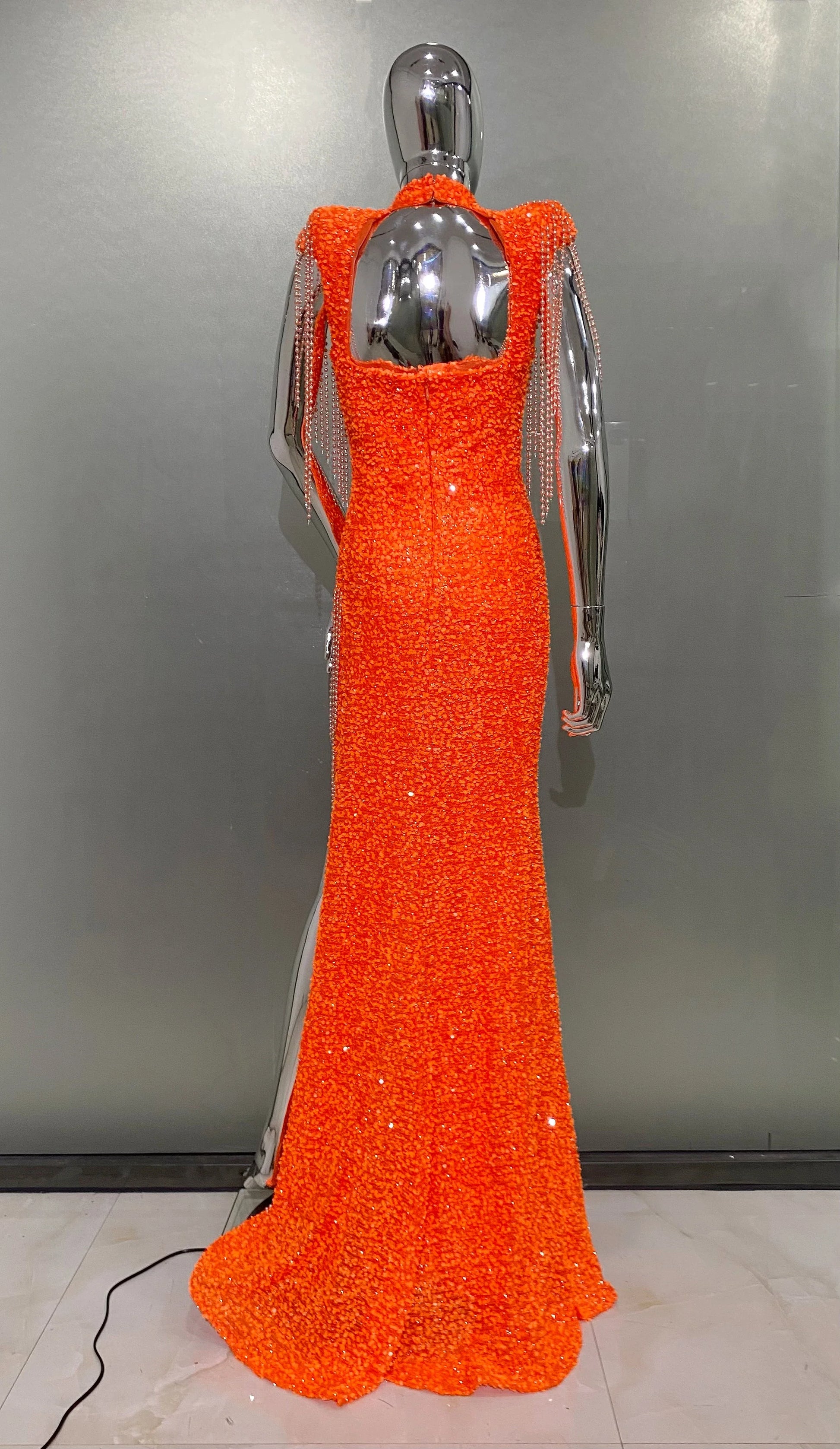 Orange Sequins Bead Tassel Hollow Out High Slit Floor Lenght Dress Woman Birthday Party Dress Stage Performance Cos