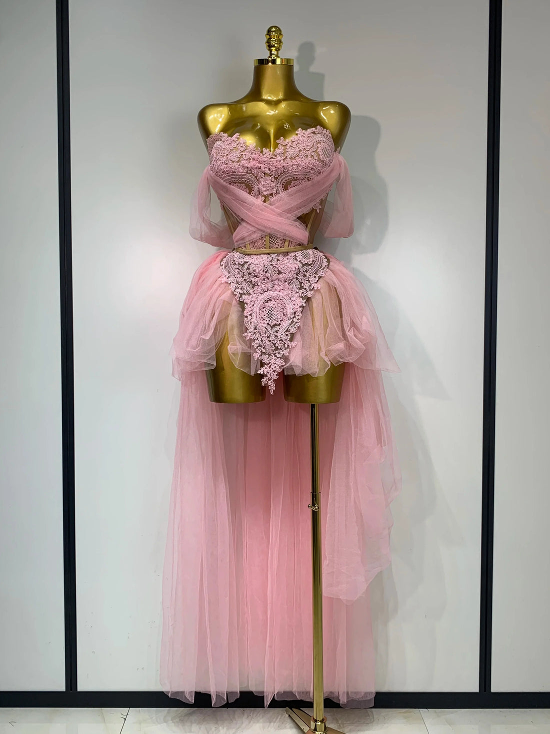 Women Sexy Strapless Pink Mesh Two Pieces Set Prom Gown Celebrate Birthday Nightclub Party Singer Stage Performance Costume Pink