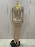 Sparkly Silver Big Rhinestone Sexy Transparent Long Dress Women Evening Birthday Party Celebrate Club Dancer Stage Costume