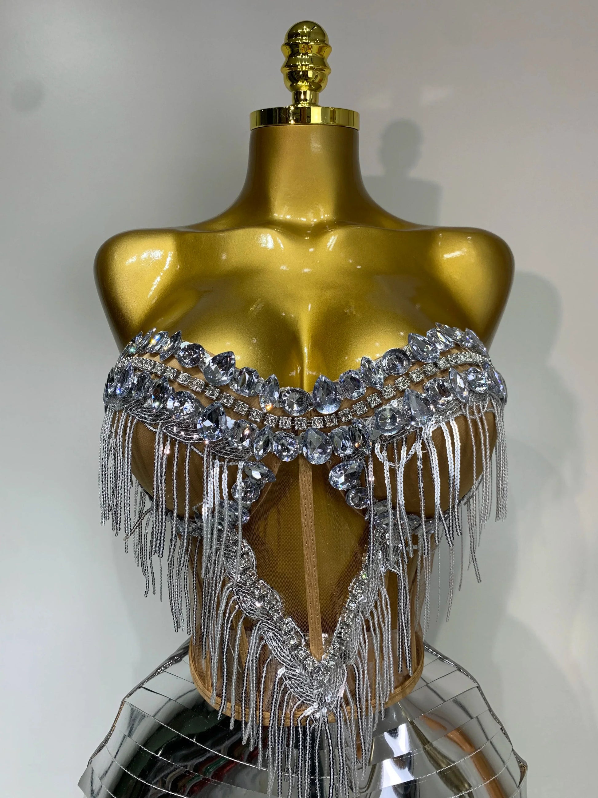 Sparkly Sliver Rhinstones tassels Top Skirt Two Piece Set Women Sexy Strapless Nightclub Birthday Evening Party Stage Outfit