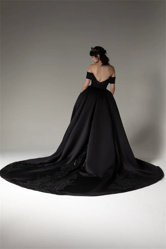 Luxury Black Off Shoulder Ball Gown Prom Dress Heart Shaped Neckline فستان حفلات الزفاف Sexy Side High Split Wedding Dress