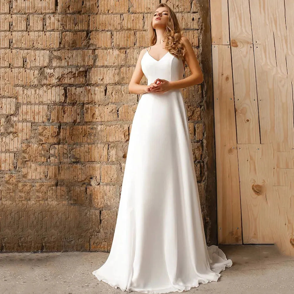 Simple Chiffon V-Neck Wedding Dresses Spaghetti Straps Sexy Backless Bride Gown Sleeveless For Women Customize To Measures 14w