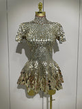 Luxury Shiny Shell Sequins Bodysuit Dress Women Sexy Nightclub Dance Performance Clothing Birthday party Dresses Gold