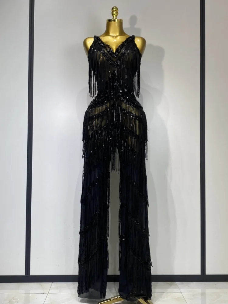 Women Sparkly Glod Rhinestones Sequined Fringe jumpsuit Sexy Nightclub Party Birthday Outfit Show Singer Stage Perform Costume black