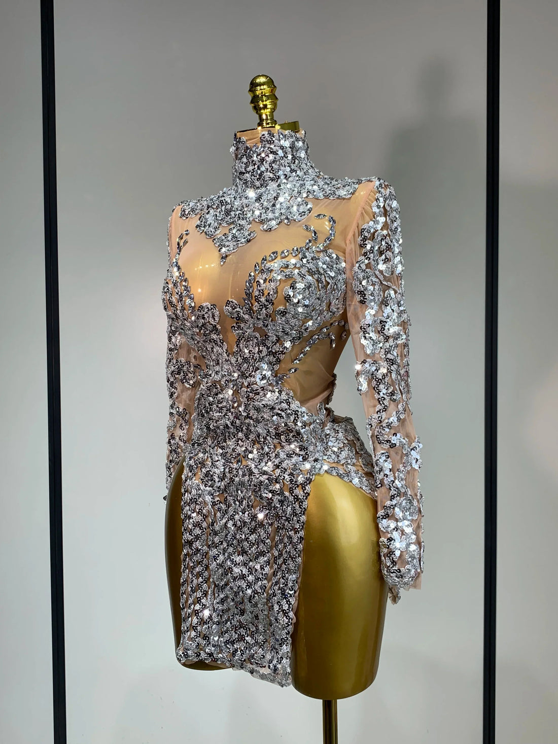 Sparkly Silver Gold Sequins Short Dress Sexy High Slit Women Nightclub Evening Party Dress Birthday Singer Stage Show Outfit Silver