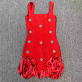 Spliced Diamonds Flower Bandage Mini Dress For Women Solid Color Sleeveless Bodycon Party Dresses Female Red