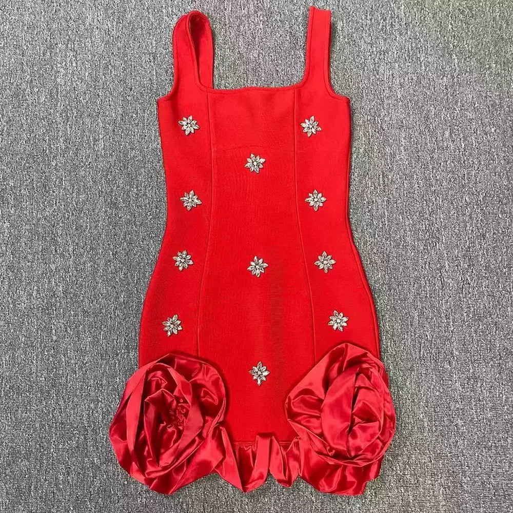 Spliced Diamonds Flower Bandage Mini Dress For Women Solid Color Sleeveless Bodycon Party Dresses Female Red