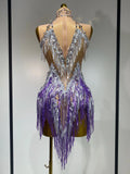 Luxury Rhinestone Tassel Sexy Women Short Latino Dance Dress Birthday Nightclub Bar Sleeveless Sparkly Performance Stage Outfit