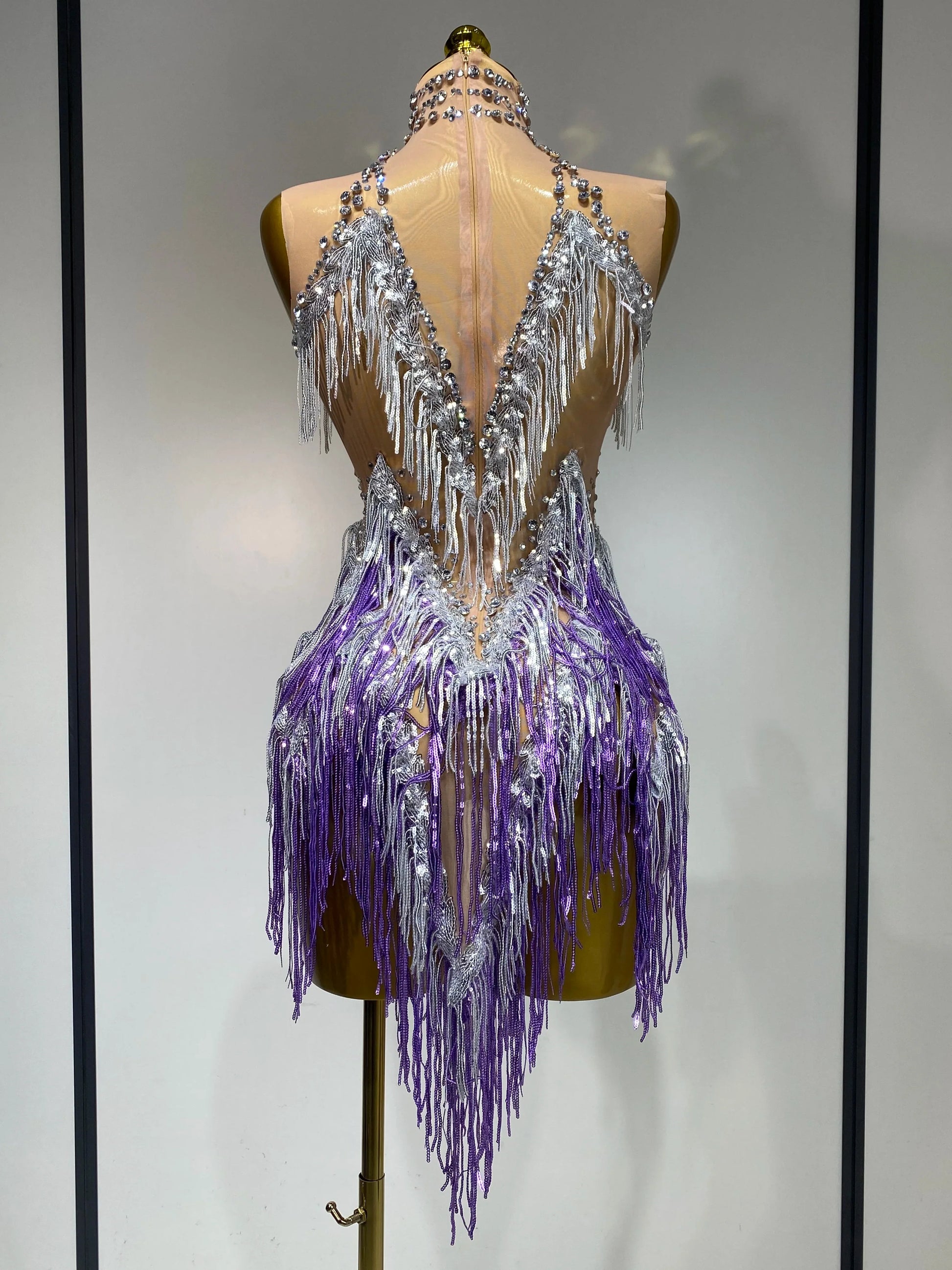 Luxury Rhinestone Tassel Sexy Women Short Latino Dance Dress Birthday Nightclub Bar Sleeveless Sparkly Performance Stage Outfit