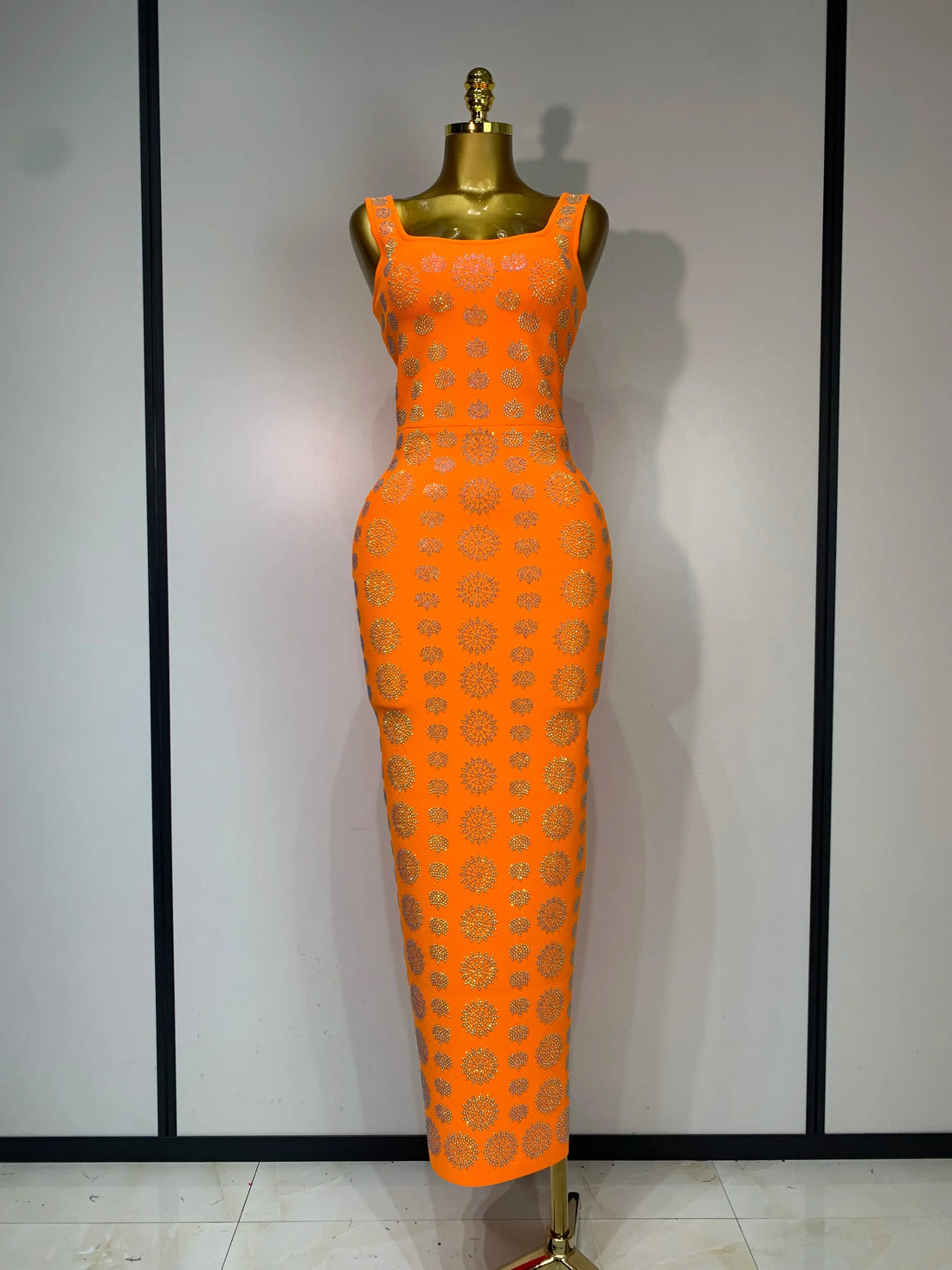 Sparkling Diamonds Sleeveless Strech Bandage Dress Elegant Woman Evening Party Wedding Guest Luxury Birthday Dress Orange