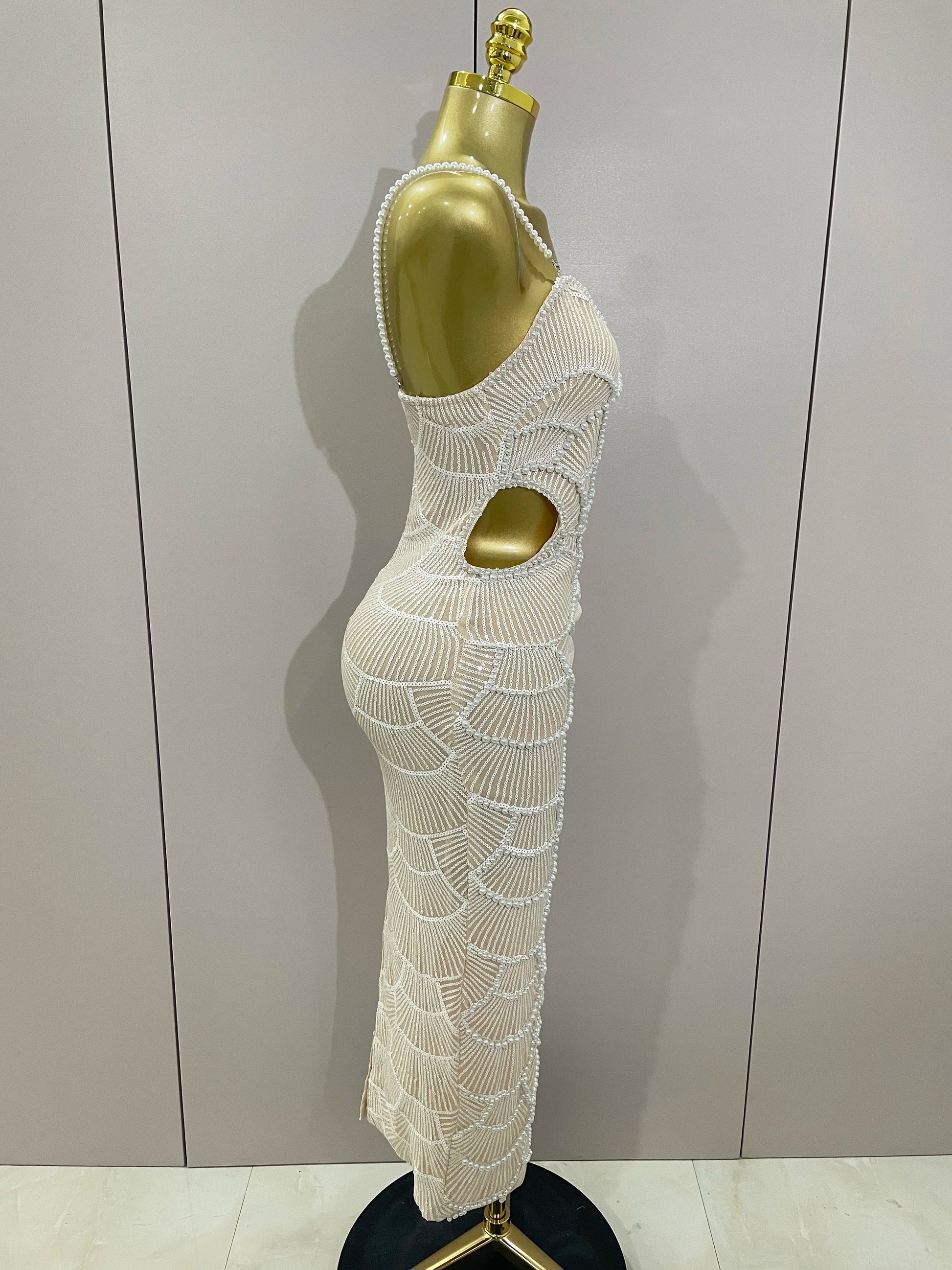 Women Hot Sale Sleeveless Sexy Strap Pearl Beading Sequins Bodycon Long Dress Celebrate Evening Party Birthday Outfit Vestido