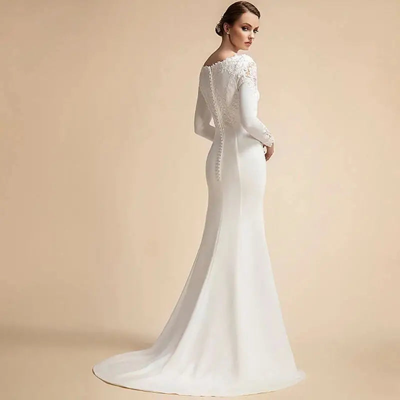 Gaun pengantin kancing putri duyung sederhana dibuat gaun pengantin gading gaun pengantin gading untuk pengantin satin renda vestidos de novia