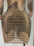 Luxury Birthday Rhinestones Half Sleeve Transparent Mini Dress Women Sexy Mesh Stretch Performance Celebrity Stage Wear