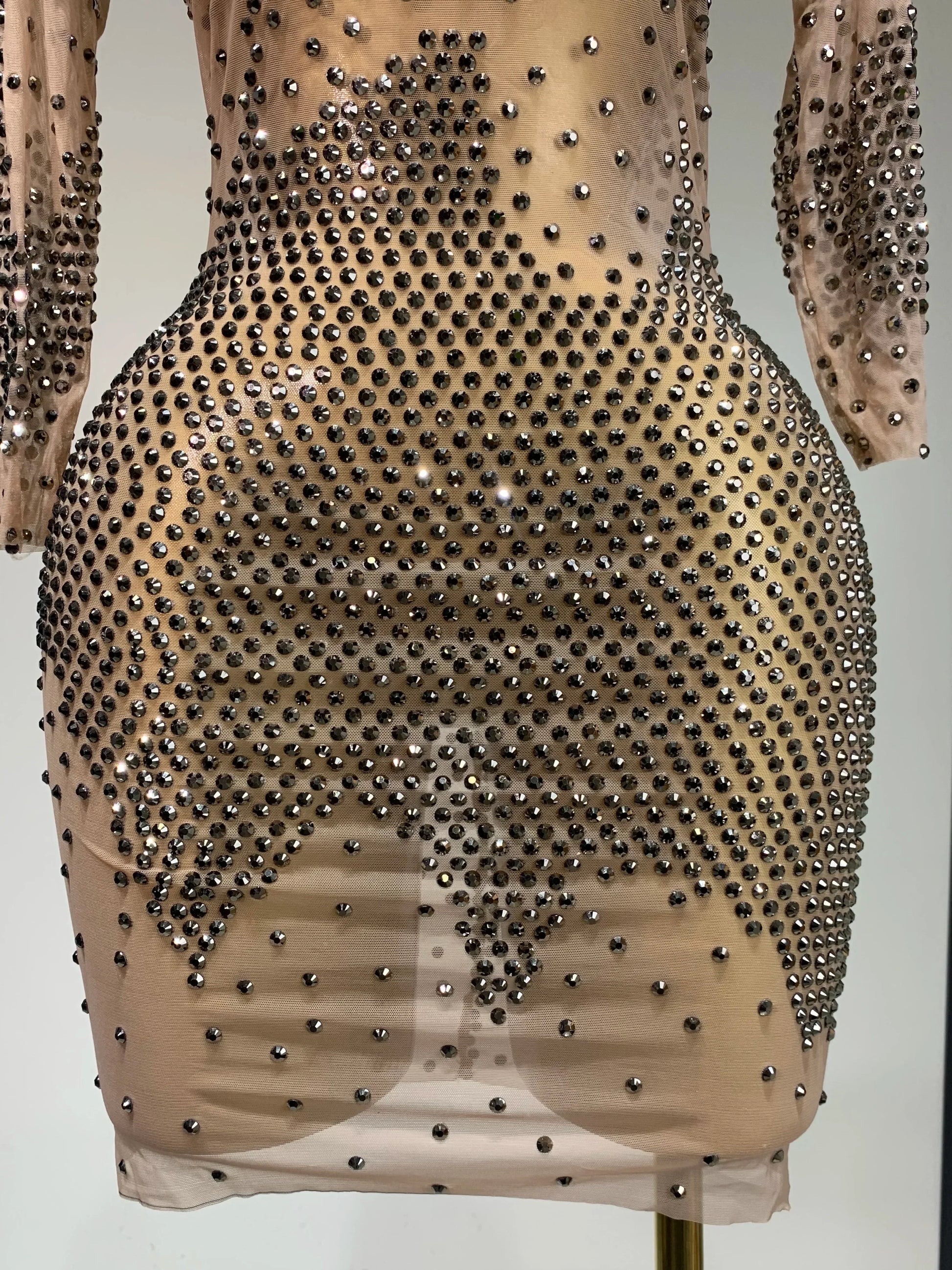 Luxury Birthday Rhinestones Half Sleeve Transparent Mini Dress Women Sexy Mesh Stretch Performance Celebrity Stage Wear