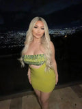 Shining Diamonds Sexy Hollow Strapless Sheath Green Bandage Mini Dress Fashion Woman Party Dress Music Festival Outfit green