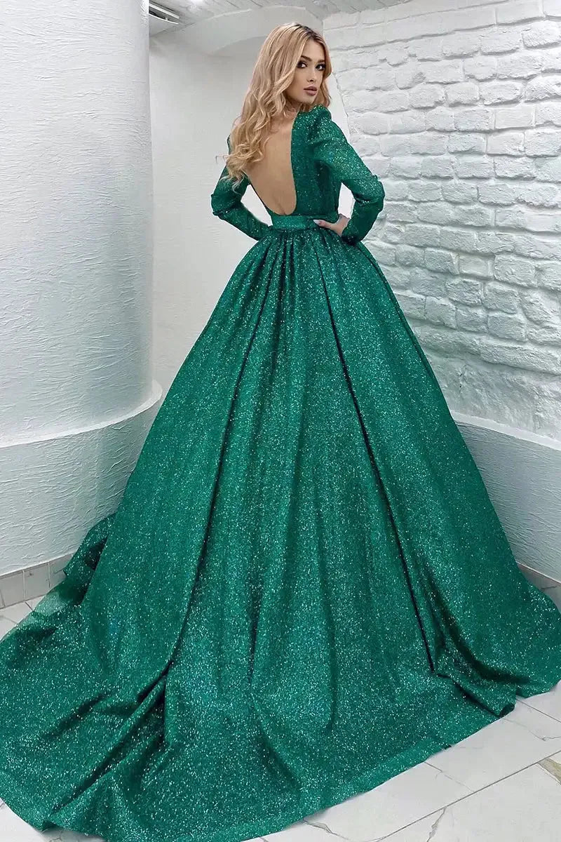 Bling Prom Dresses Sequined Glitters Full Sleeves with Belt Backless Ball Gowns Formal Party Women Special Occasion Gowns Green