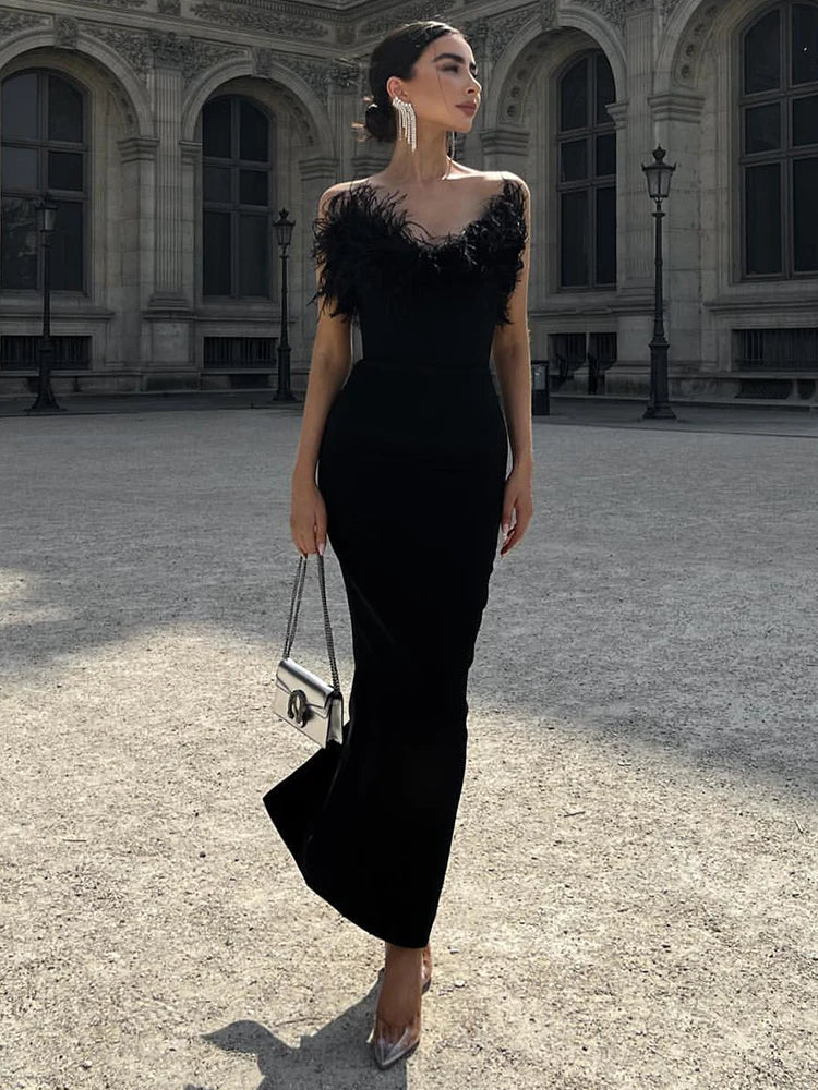 Woman Strapless Feather Design Dress For Party Chic Bodycon Bandage Black Long Dress Vestido