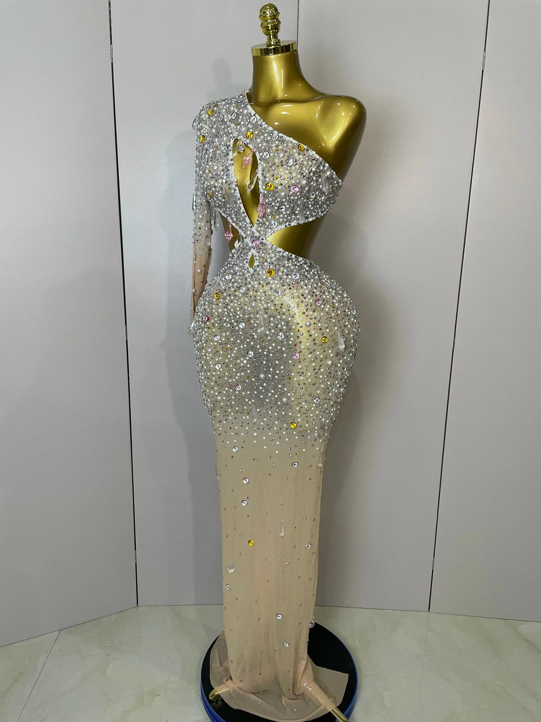 Women Sexy One Shoulder Hollow Out Big Crystal Bodycon Long Dress Celebrate Nightclub Party Bar Singer Birthday Dress MULTI