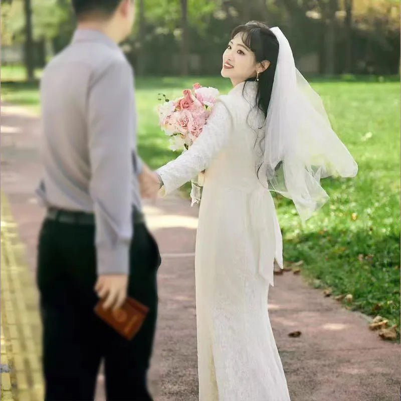 Gaun pengantin pengantin sampanye renda cheongsam temperamen temperamen fishtail malam gaun ritsleting kembali seksi gaun maxi ramping