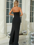 Black Strapless Pearls Embellished Long Dress For Women Sleeveless Beaded Bodycon Party Cocktail Evening Gown