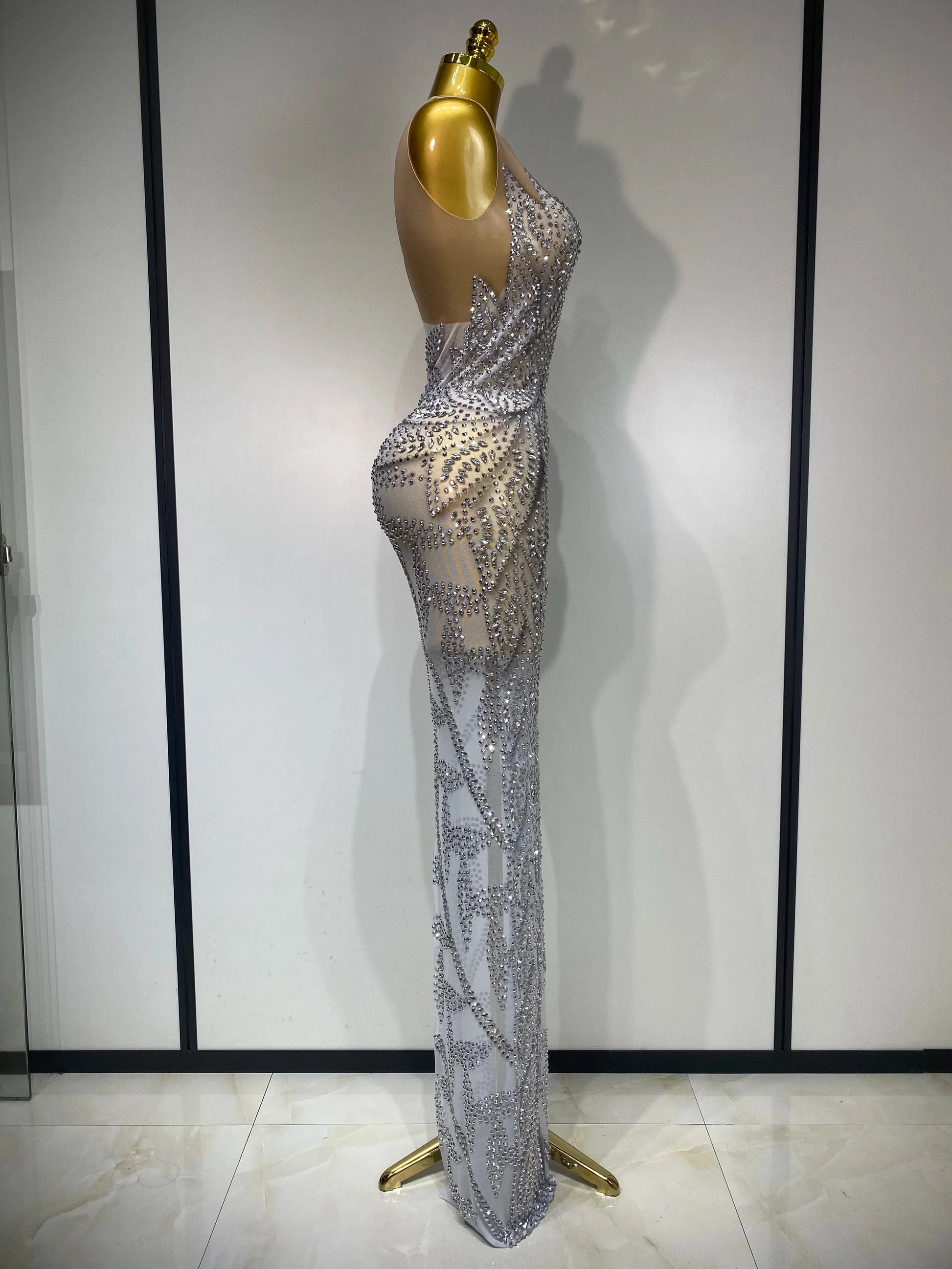 Luxury Rhinestone Sleeveless Silver Long Dress Women Sexy Mesh See Through Evening Prom Birthday Photo Shoot Singer Stage Outfit