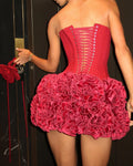 Christmas Dress Strapless Backless Red Structured Floral Embellished Mini Length Bodycon Celebrity Party Cocktail Dress