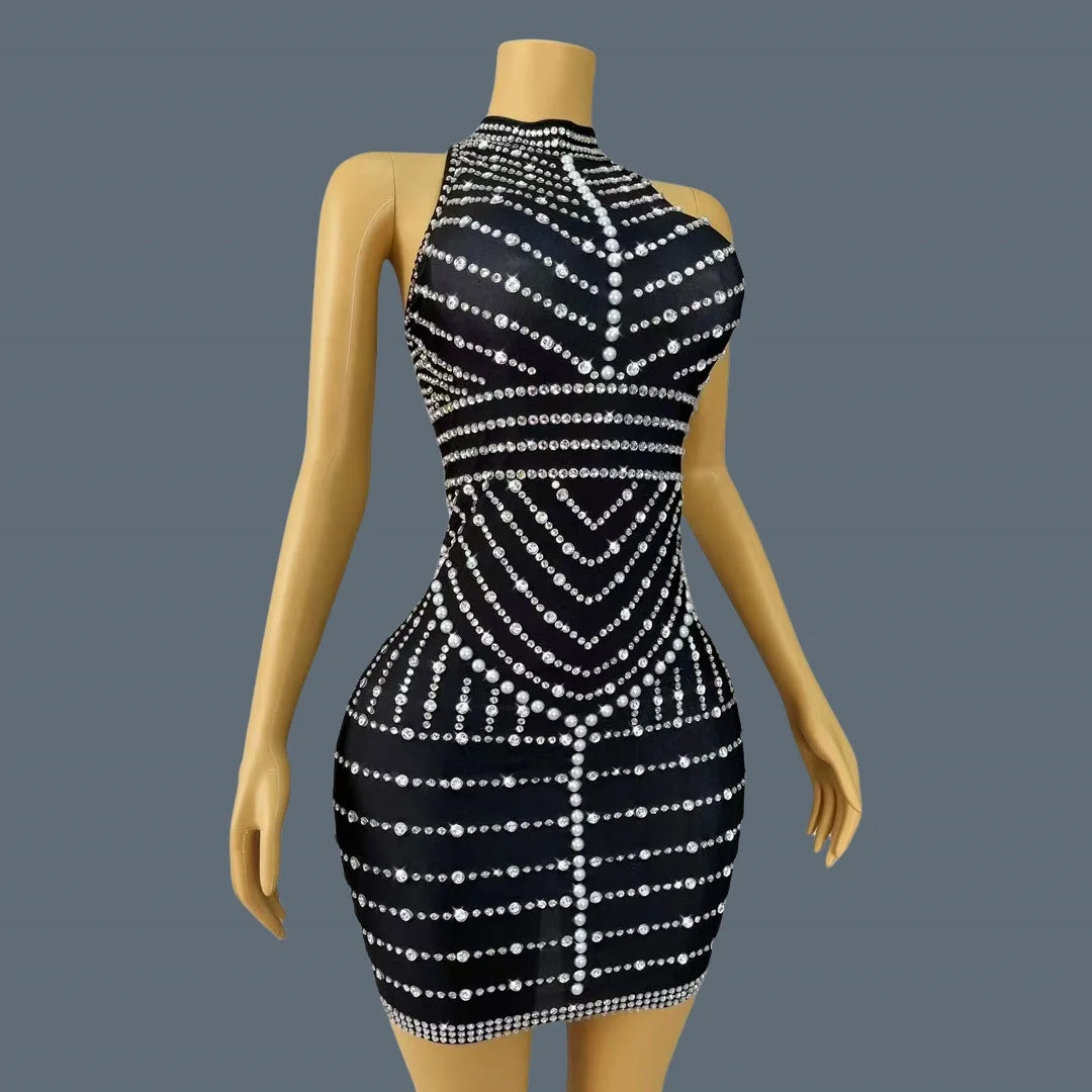 High-end Chic Black Mini Dress for Sexy Women Sparkly Rhinestone Tassel Bodycon Dress Birthday Party Queen Ball Dress lianhua