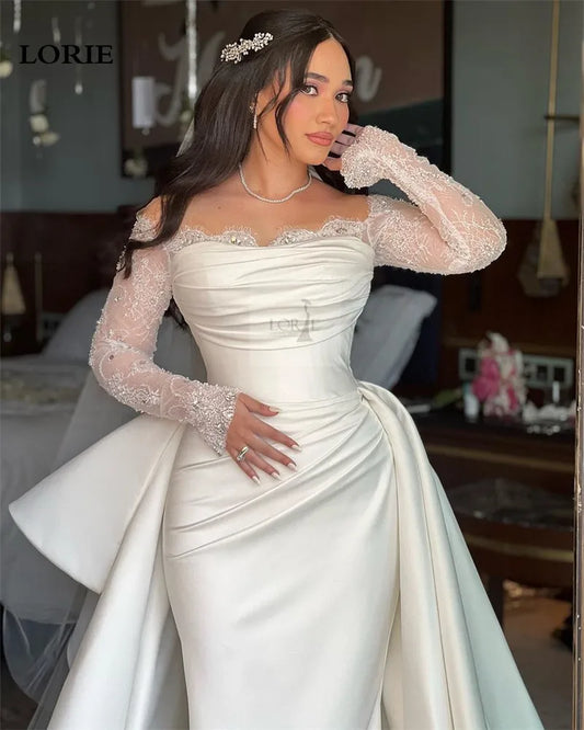 Gaun pengantin duyung gading dari bahu pengantin pakaian renda panjang lengan baju pengantin puteri novia puteri