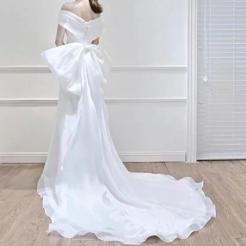 Vestidos de noiva de cetim brancos de luxo francês para a noiva elegante e elegante festas de casamento de sereia longa de baile