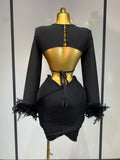 Luxury Birthday Dress Women Sexy Long Sleeve Feather Black Mesh Mini Bodycon Bandage Dress Elegant Evening Club Party Dress ﻿