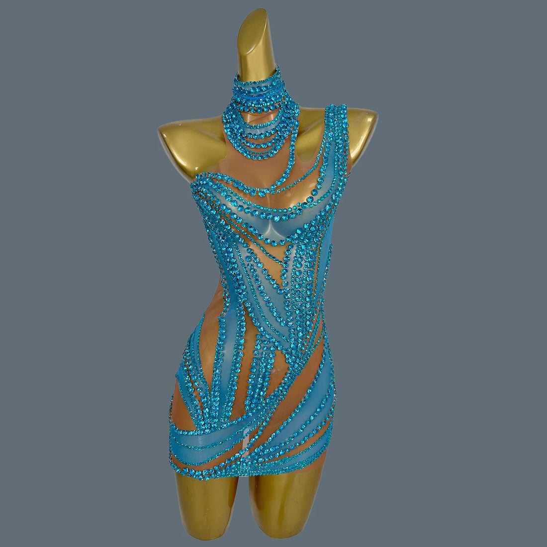 Hot Girl Sparkly Rhinestone Mini Dress Sexy Mesh See Through Party Event Prom Celebrate Birthday Dress Singer Show Wear Liuzhuan SKY BLUE One Size