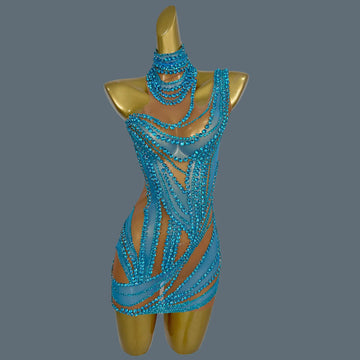 Hot Girl Sparkly Rhinestone Mini Dress Sexy Mesh See Through Party Event Prom Celebrate Birthday Dress Singer Show Wear Liuzhuan SKY BLUE One Size