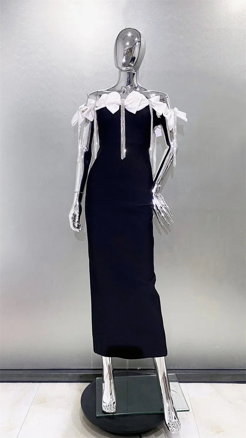 Sparkling Diamonds Tassel White Bows Sexy Off The Shoulder Ankle Lenght Bandage Dress Woman Birthday Party Vestido black