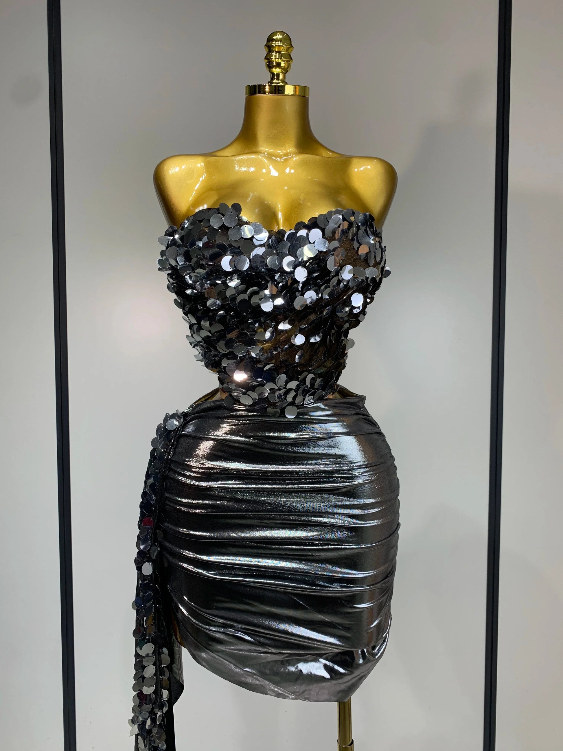 Sparkly Sequin Two Piece Set Sexy Strapless Backless Women Outfit Evening Party Nightclub Stage Performance Dance Costume GRAY