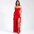 Cocktail Party Dress Women Sexy Strapless Stereo Flowers Fashion Ruffles Solid Color High Split Long Gowns Red