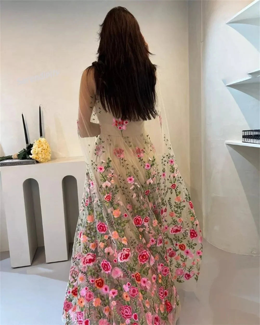 Elegantly Flower Embroidery فساتين سهره فاخره Tulle A-line Prom Dresses Sexy Halter Neck Shawl Vestidos De Noche