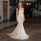 Gaun Perkahwinan Mermaid Champagne Strapless Corset Bridal Gowns Glitter Lengan Tanpa Vintage Lace Boho Wedding Gown