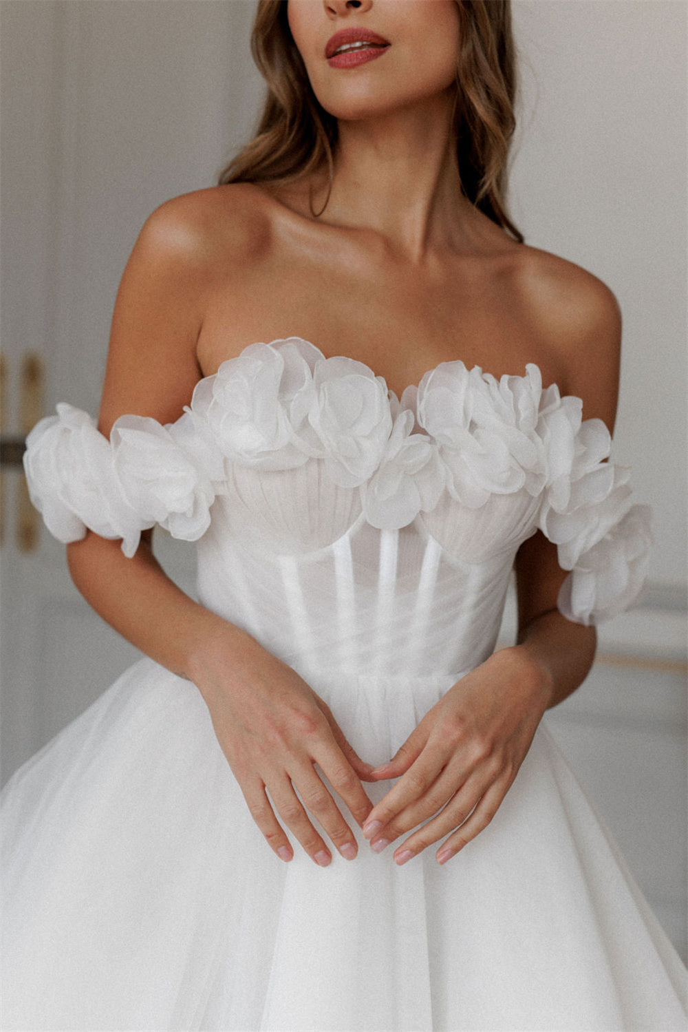 A-line kurze Brautkleider von der Schulter 3D Blumen Bräute Partykleid für Frauen Schnürbraut Cocktailkleider