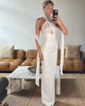 Long Ribbon Sexy V-Neck Sleeveless Halter White Mini Ankle length Woman Birthday Party Dress Celebrity Evening Party Outfit