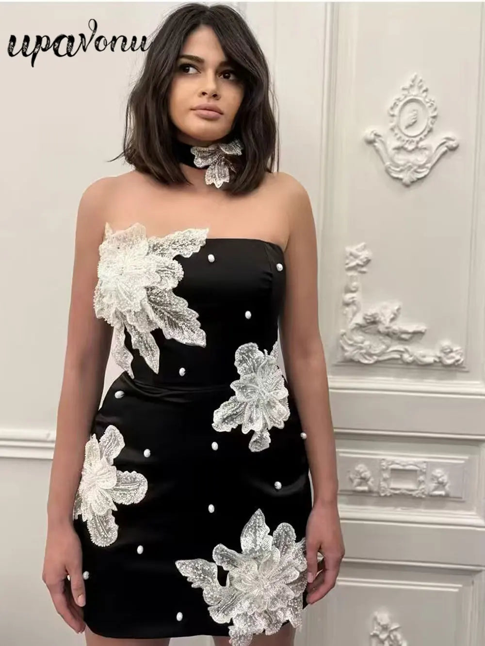 Autumn Wome Strapless Sleeveless Sexy Bandage Dress With Three-Dimensional Flower Bead Design Bodycon Backless Mini Dress
