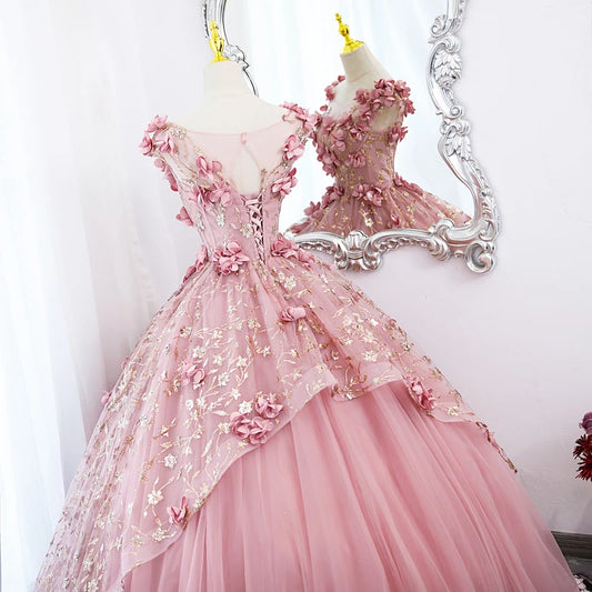 15 Quinceanera Dresses Ball Gown Pink Floral Gold Sequined Sparkly Sheer Neck Evening Party Gowns Princess Dress