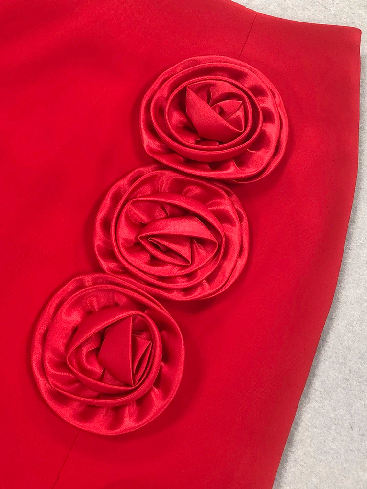 Stylish Chic Casual Red High Waisted Midi Bandage Dress Three Dimensional Roses and Slits Party Outdoor Skirt